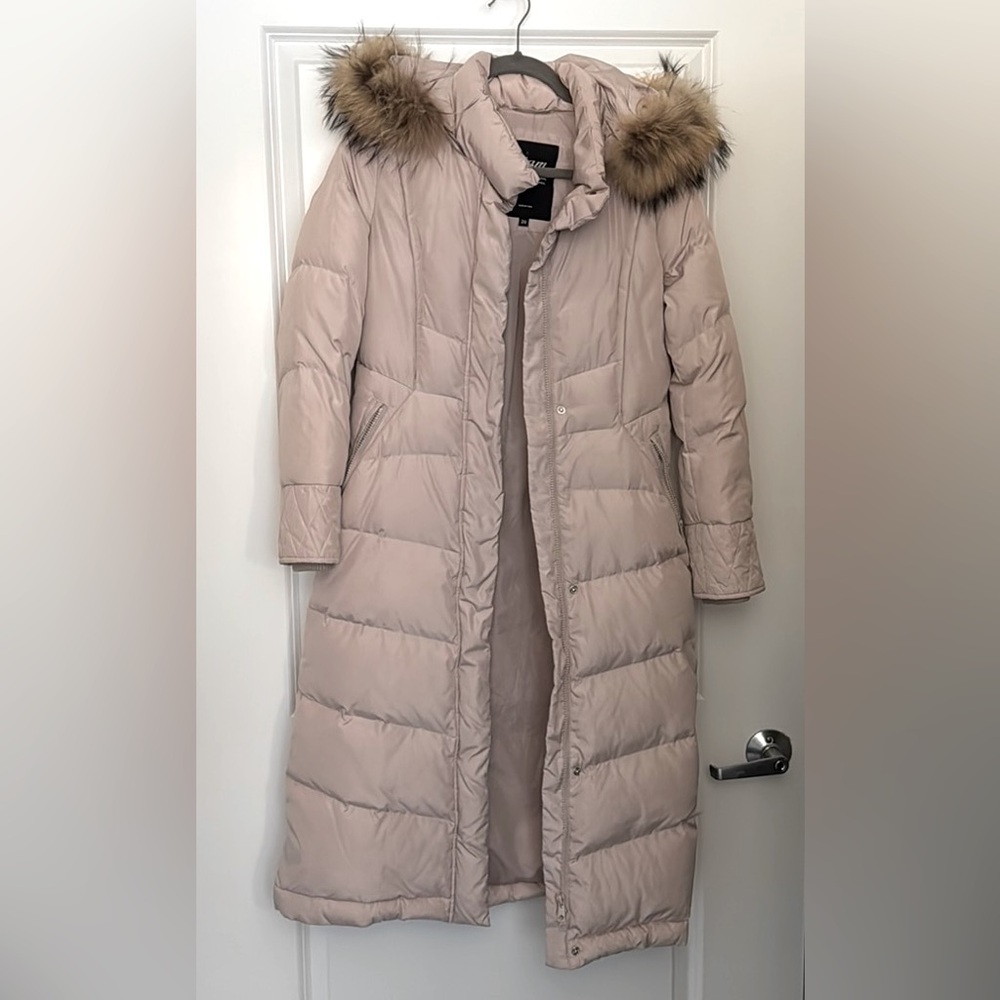 Women’s Long Beige Down Coat with Faux Fur Hood